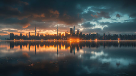 Stunning cityscape at dusk showcasing an illuminated skyline reflected on calm waters, with dramatic clouds creating an atmospheric backdrop for urban exploration.の素材