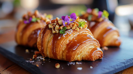 Delightful pastries featuring a glossy caramel glaze, adorned with nuts and vibrant edible flowers, perfect for showcasing gourmet culinary creations.の素材