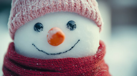 A charming snowman dressed in a red scarf and pink beanie smiles vibrantly, embodying the spirit of winter and joyful holiday memories in a serene snowy landscape.の素材