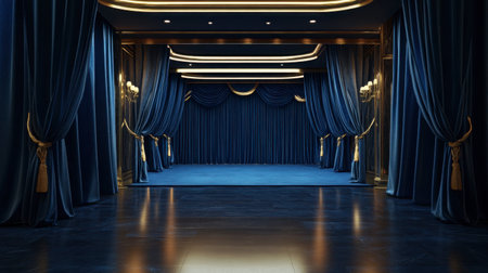 A stunning theater stage featuring rich blue curtains and soft lighting, creating an elegant and inviting atmosphere for performances and events. Ideal for various artistic showcases.の素材