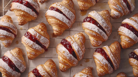Delight in these beautifully crafted croissants filled with sweet jam and dusted with powdered sugar, ideal for a delightful breakfast or tea time treat.の素材