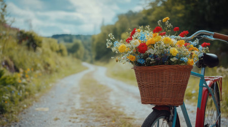 A charming scene of a vintage bicycle adorned with a vibrant flower basket, parked along a scenic rural pathway, inviting exploration and relaxation in nature.の素材