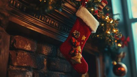 A vibrant Christmas stocking hangs on a rustic fireplace, surrounded by festive decorations, evoking a warm and joyful holiday atmosphere perfect for family gatherings.の素材