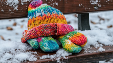 A vibrant hat and matching gloves rest on a snow-covered bench, showcasing bright colors and cozy knit patterns that symbolize warmth in winter's chill.の素材