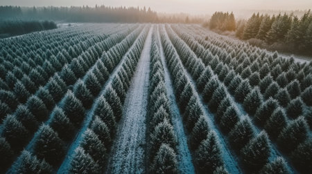 Captivating aerial view of a frost-covered evergreen tree farm during winter morning, showcasing neatly arranged rows of green trees in a serene landscape.の素材