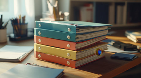 A vibrant arrangement of office binders on a wooden desk, emphasizing organization and productivity in a creative workspace. Ideal for showcasing workspace themes and inspiration.の素材