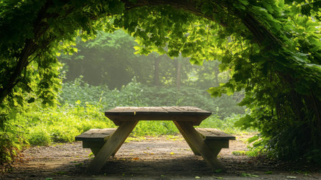 A tranquil wooden picnic table nestled under a lush canopy of green foliage, enveloped in morning fog, ideal for relaxation and enjoying nature's beauty.の素材