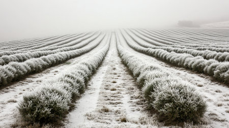 A tranquil lavender field lies blanketed in a layer of frost, set against a dreamy misty background, showcasing the beauty of nature during the winter season.の素材