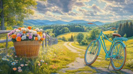 A picturesque view of a winding path in a lush countryside, featuring a vintage bicycle and a basket filled with colorful flowers, perfect for capturing the essence of summer tranquility.の素材