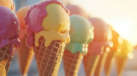 A vibrant array of colorful ice cream cones sits in the warm glow of a sunset, perfect for summer enjoyment and evoking feelings of happiness and indulgence.の素材
