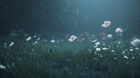Captivating scene of flowers in the rain, surrounded by lush grass in a misty forest. An ideal setting for relaxation and nature-inspired themes.の素材