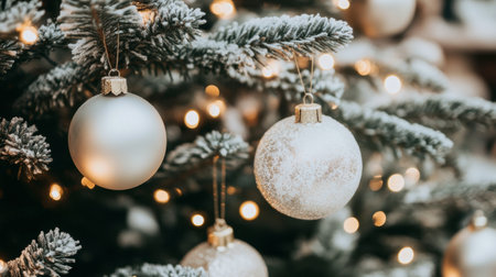 Discover a serene holiday scene featuring elegant silver and frosted ornaments gracefully hanging from a lush Christmas tree adorned with soft glowing lights.の素材