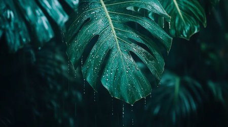 Captivating close-up of a monstera leaf adorned with raindrops, set against a colorful tropical backdrop, showcasing the beauty and vibrancy of nature in a serene environment.の素材