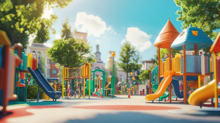 A lively playground filled with colorful equipment where children engage in playful activities under the bright sun, surrounded by lush greenery and a vibrant atmosphere.の素材