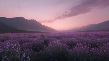 A stunning lavender field stretches under a pink and purple sky at dusk, framed by majestic mountains. This serene landscape evokes a sense of peace and tranquility.の素材