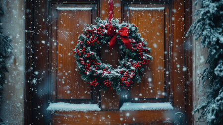 A stunning Christmas wreath adorned with vibrant red bows and berries hangs on a cozy wooden door, creating a festive atmosphere amid a gentle snowfall.の素材