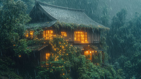 A serene scene of a cozy house surrounded by lush greenery, illuminated warmly against a backdrop of heavy rain, evoking tranquility and a sense of escape into nature.の素材