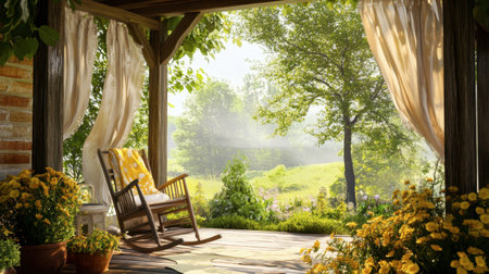 Embrace the tranquility of a cozy porch, featuring a rocking chair and vibrant flowers, bathed in soft morning light, perfect for relaxation and enjoying nature.の素材