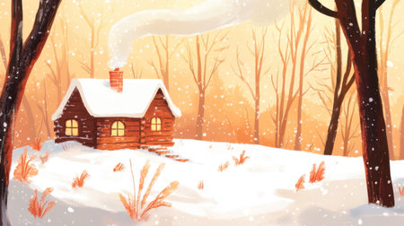 A charming winter cabin sits peacefully in a snowy landscape, with a warm glow emanating from its windows against a soft orange sky, evoking feelings of tranquility and coziness.の素材