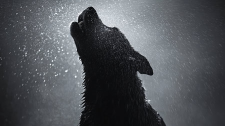 A striking silhouette of a black dog howling in the rain, capturing the essence of wild beauty and the powerful connection between nature and animals.の素材
