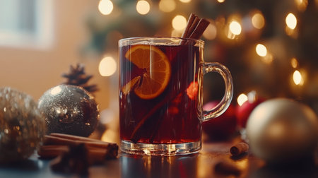 A delightful warm beverage in a glass mug with orange and cinnamon, surrounded by holiday decorations and soft lights, evoking a cozy winter atmosphere perfect for celebrating.の素材