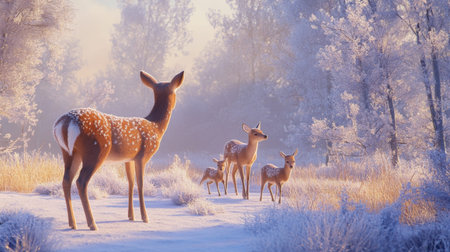 A serene scene featuring a family of deer in a frosty landscape, showcasing the beauty of winter and the tranquility of nature at dawn with shimmering snow and trees.の素材