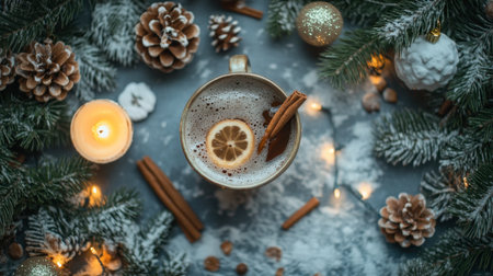 A cozy winter scene featuring a warm beverage with a lemon slice and cinnamon, surrounded by pinecones, decorations, and a glowing candle. Perfect for holiday themes.の素材