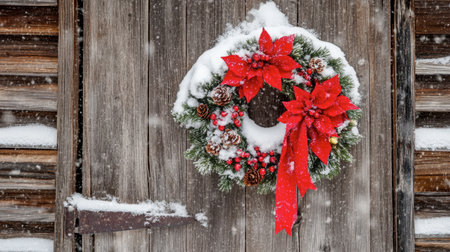A stunning Christmas wreath featuring vibrant red poinsettias and natural pinecones, beautifully displayed on a weathered wooden door, creating a serene winter ambiance.の素材