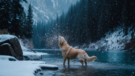 A golden retriever joyfully splashes in a snowy river, surrounded by majestic mountains. This serene winter scene captures the beauty of nature and the spirit of adventure.の素材