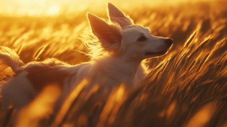 A delightful white dog stands gracefully in a golden wheat field during sunset, embodying freedom and joy in a serene natural setting, radiating warmth and tranquility.の素材