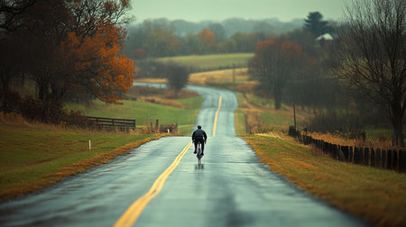 A solitary cyclist navigates a winding road, surrounded by the beauty of autumn trees and an overcast sky, capturing the essence of peaceful rural life.の素材