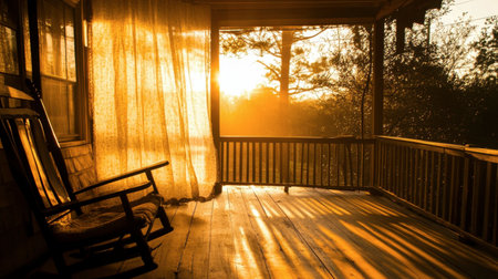 A warm golden sunset illuminates a porch with a billowing curtain, creating a tranquil scene with soft shadows on the wooden floor and an inviting atmosphere.の素材