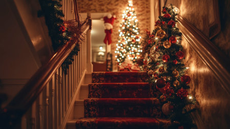 Experience the magic of Christmas with beautifully decorated stairs, glowing trees, and a warm ambiance that enchants the spirit of the festive season.の素材