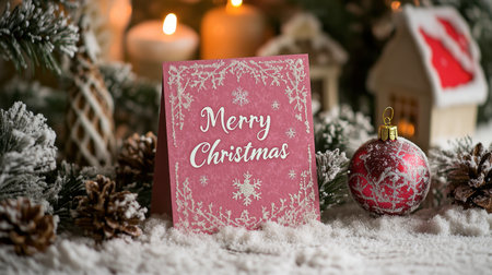 A beautiful Christmas card situated on a snowy surface, surrounded by candles, pinecones, and an ornament, creating a cozy holiday atmosphere perfect for celebration.の素材