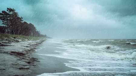 A captivating view of a stormy coastline showcasing turbulent waves, heavy rain, and dark clouds, creating a dramatic atmosphere perfect for nature lovers and photographers alike.の素材
