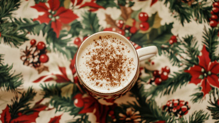 A warm cup of cocoa laden with cream and spices rests atop a vibrant holiday tablecloth, showcasing traditional seasonal patterns perfect for winter gatherings.の素材