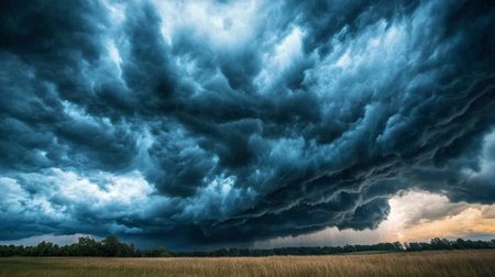 Stunning view of dark storm clouds looming over a peaceful landscape, creating an atmosphere filled with tension and the beauty of nature's power. Perfect for weather-themed content.の素材