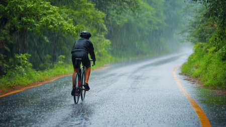 A lone cyclist braves the rain on an empty road, surrounded by lush greenery and a misty atmosphere, capturing the essence of adventure and solitude in nature.の素材