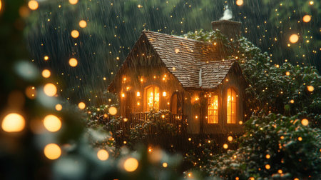 A quaint cottage stands in the rain, illuminated by warm lights and surrounded by lush greenery, creating a serene and enchanting atmosphere perfect for a storybook scene.の素材