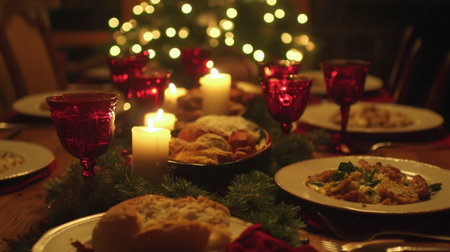 A beautifully arranged festive dinner table featuring glowing candles, red goblets, and an array of delicious dishes, all set against a cheerful Christmas tree backdrop.の素材