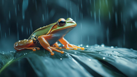 A close-up of a vibrant frog resting on a lush green leaf during rainfall, highlighting detailed textures and the beauty of nature in a tranquil environment.の素材
