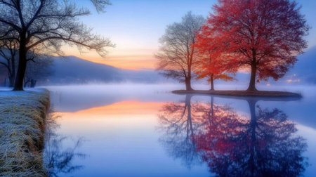 Experience the tranquility of a misty dawn at a peaceful lake. Vibrant autumn trees stand still in the water, creating a stunning reflection under soft morning light.の素材