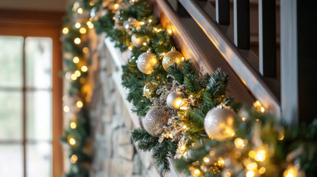 A stunning staircase adorned with a lush Christmas garland, shimmering ornaments, and twinkling lights, creating an inviting and warm atmosphere perfect for holiday gatherings.の素材