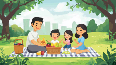 A joyful family enjoys a delightful picnic in a green park, basking in the sun with colorful fruits, capturing a moment of togetherness and happiness amid a serene urban backdrop.の素材