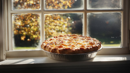 A deliciously golden apple pie sits on a window sill, illuminated by soft sunlight, with colorful autumn leaves in the background, creating a cozy and inviting scene.の素材