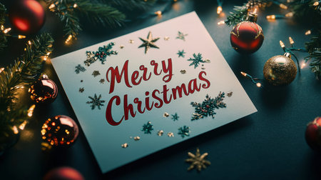 A beautifully designed Christmas card rests among festive ornaments and pine branches, capturing the essence of holiday spirit and cheerful celebrations in a cozy setting.の素材