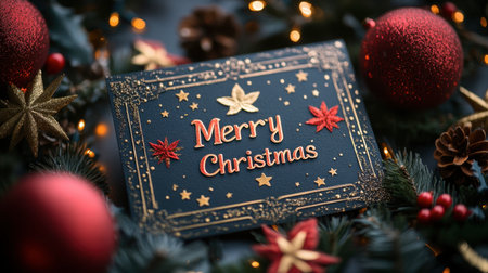 A striking Christmas card adorned with red leaves and stars, surrounded by festive ornaments and greenery, conveying warmth and holiday cheer for any celebration.の素材