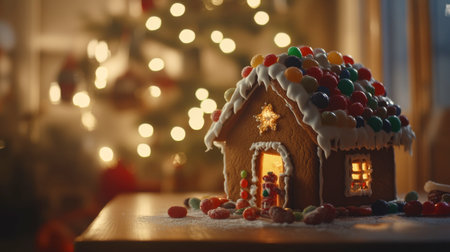 A beautifully crafted gingerbread house adorned with vibrant candies, showcased in a cozy setting with a softly glowing Christmas tree, perfect for holiday celebrations.の素材