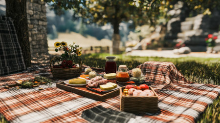 Enjoy a picturesque outdoor picnic featuring an array of delicious food arranged on a colorful blanket amidst lush greenery, perfect for a sunny day in nature.の素材
