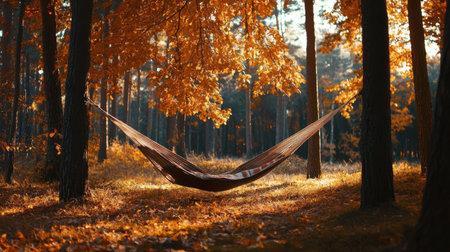 A serene hammock drapes between golden-leafed trees in an enchanting autumn forest, inviting you to unwind and enjoy a moment of tranquility amid nature's spectacular beauty.の素材